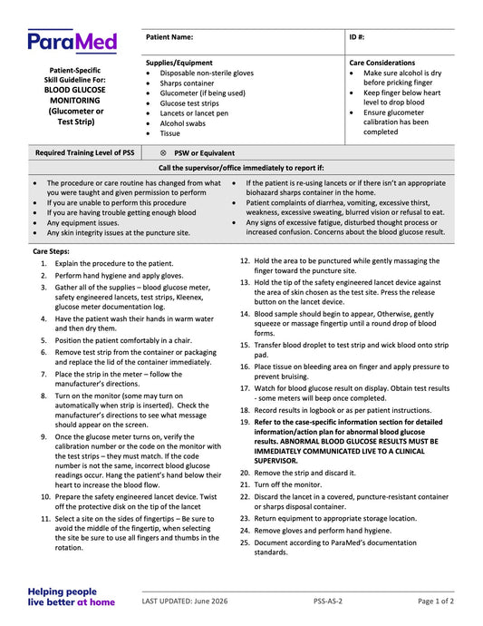 Blood Glucose Monitoring (Skill Guideline) - page 1
