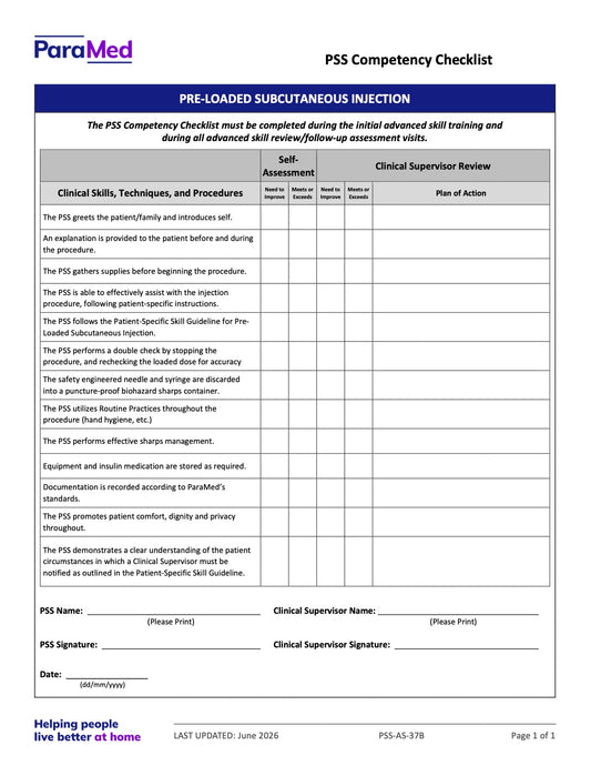 Pre-Loaded Subcutaneous Injection (Competency Checklist) - page 1