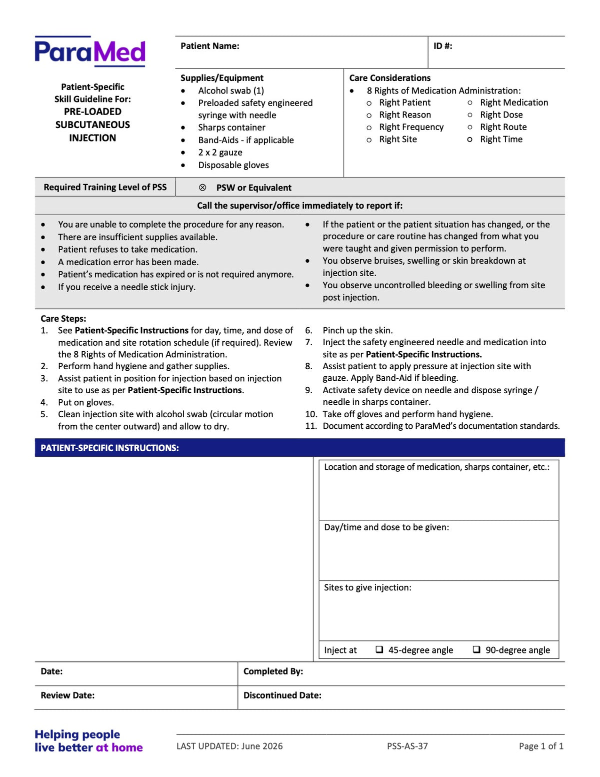 Pre-Loaded Subcutaneous Injection (Skill Guideline) - page 1