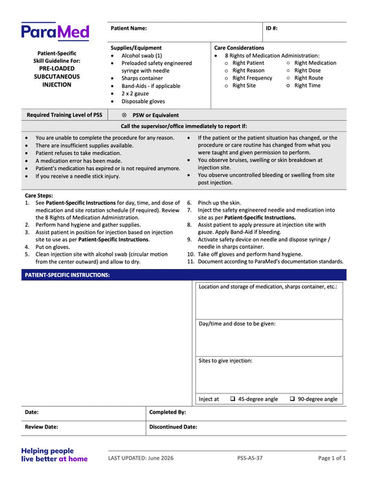 Pre-Loaded Subcutaneous Injection (Skill Guideline) - page 1
