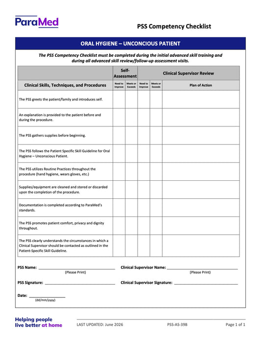 Oral Hygiene - Unconscious Patient (Competency Checklist) - page 1