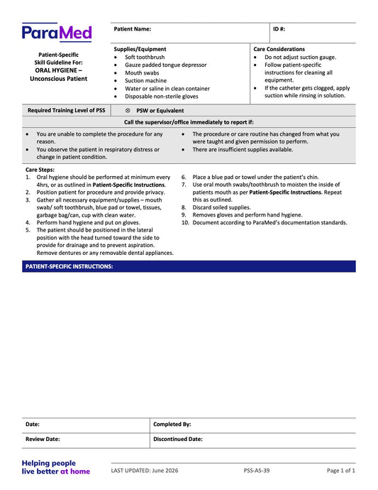 Oral Hygiene - Unconscious Patient (Skill Guideline) - page 1