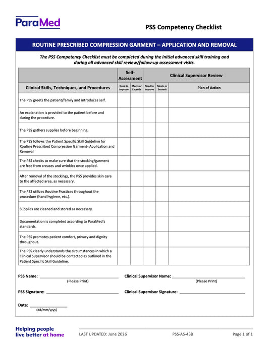 Routine Prescribed Compression Garment (Competency Checklist) - page 1