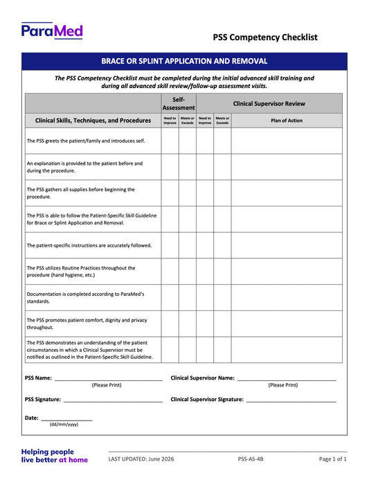 Brace or Splint Application and Removal (Competency Checklist) - page 1