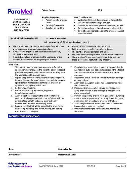 Brace or Splint Application and Removal (Skill Guideline) - page 1