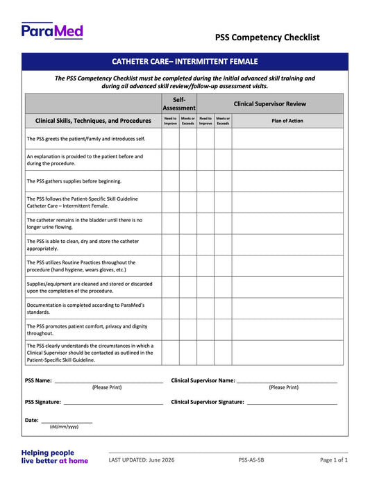 Catheter Care – Intermittent - Female (Competency Checklist) - page 1