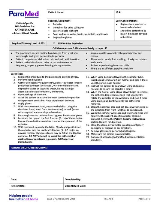 Catheter Care – Intermittent - Female (Skill Guideline) - page 1