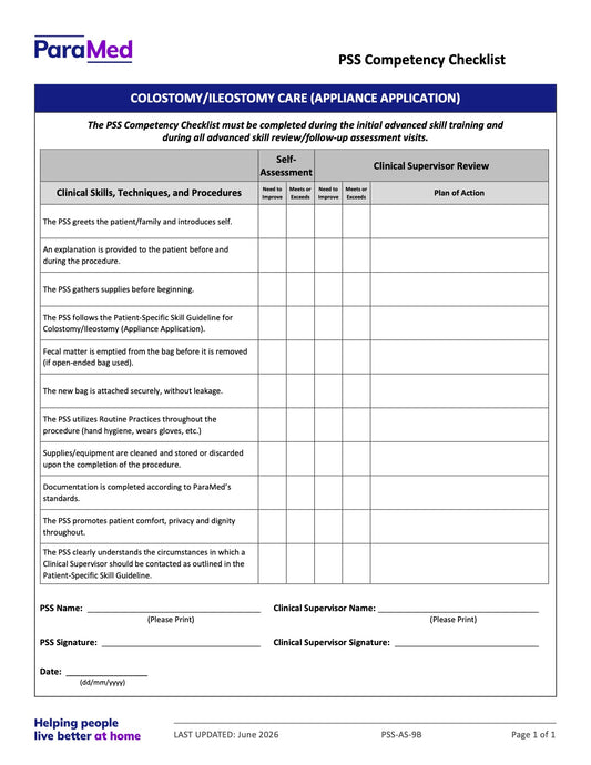 Colostomy/ Ileostomy Care – (appliance application) (Competency Checklist) - page 1