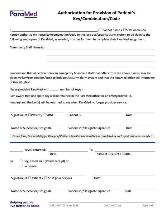 Authorization for Provision of Patient’s Key/Combination/Code - page 1