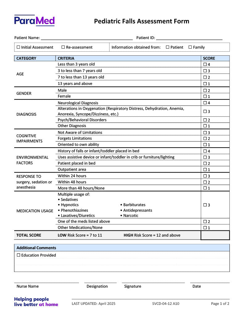 Pediatric Falls Assessment Form – Extendicare Print Shop