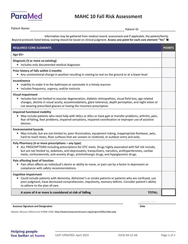 MAHC 10 Fall Risk Assessment – Extendicare Print Shop