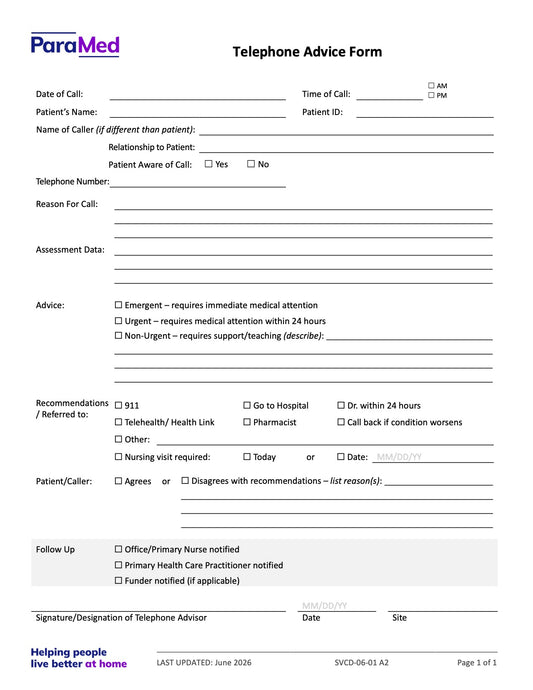 Telephone Advice Form