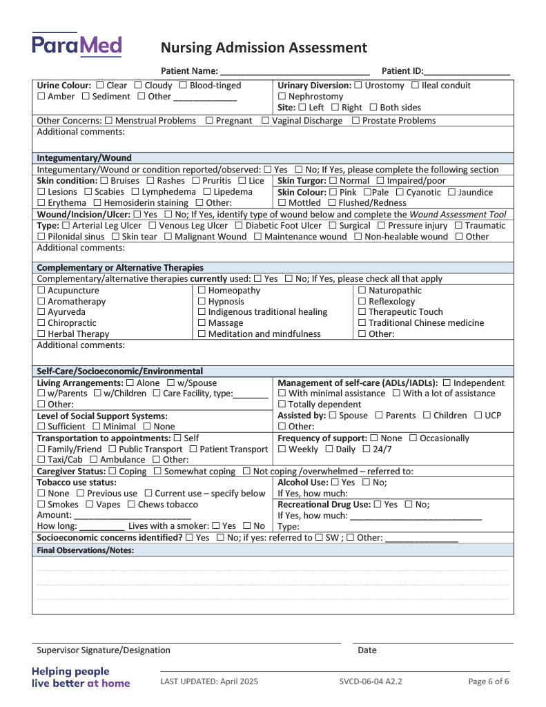 Nursing Admission Assessment