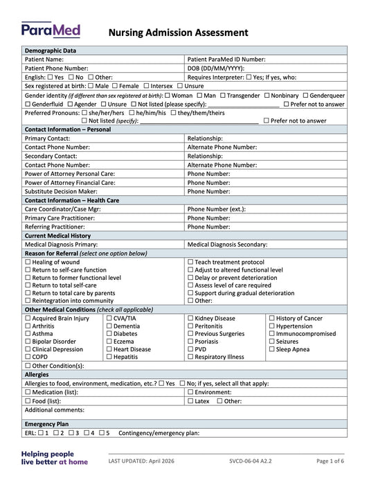 Nursing Admission Assessment - page 1