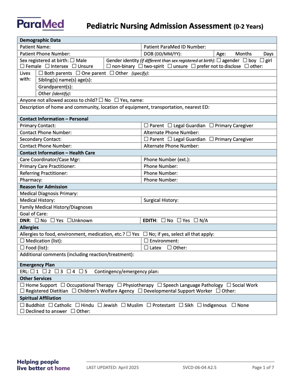 Pediatric Nursing Admission Assessment (0-2 Years) - page 1