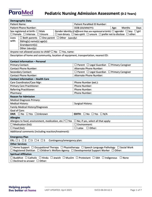 Pediatric Nursing Admission Assessment (0-2 Years) - page 1