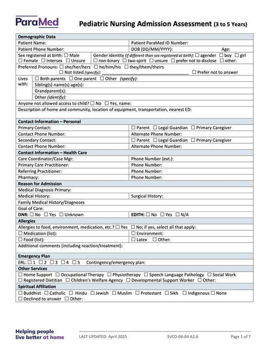 Pediatric Nursing Admission Assessment (3-5 Years) - page 1
