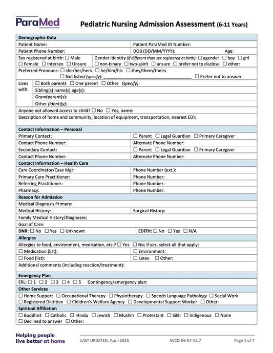 Pediatric Nursing Admission Assessment (6-11 Years) - page 1