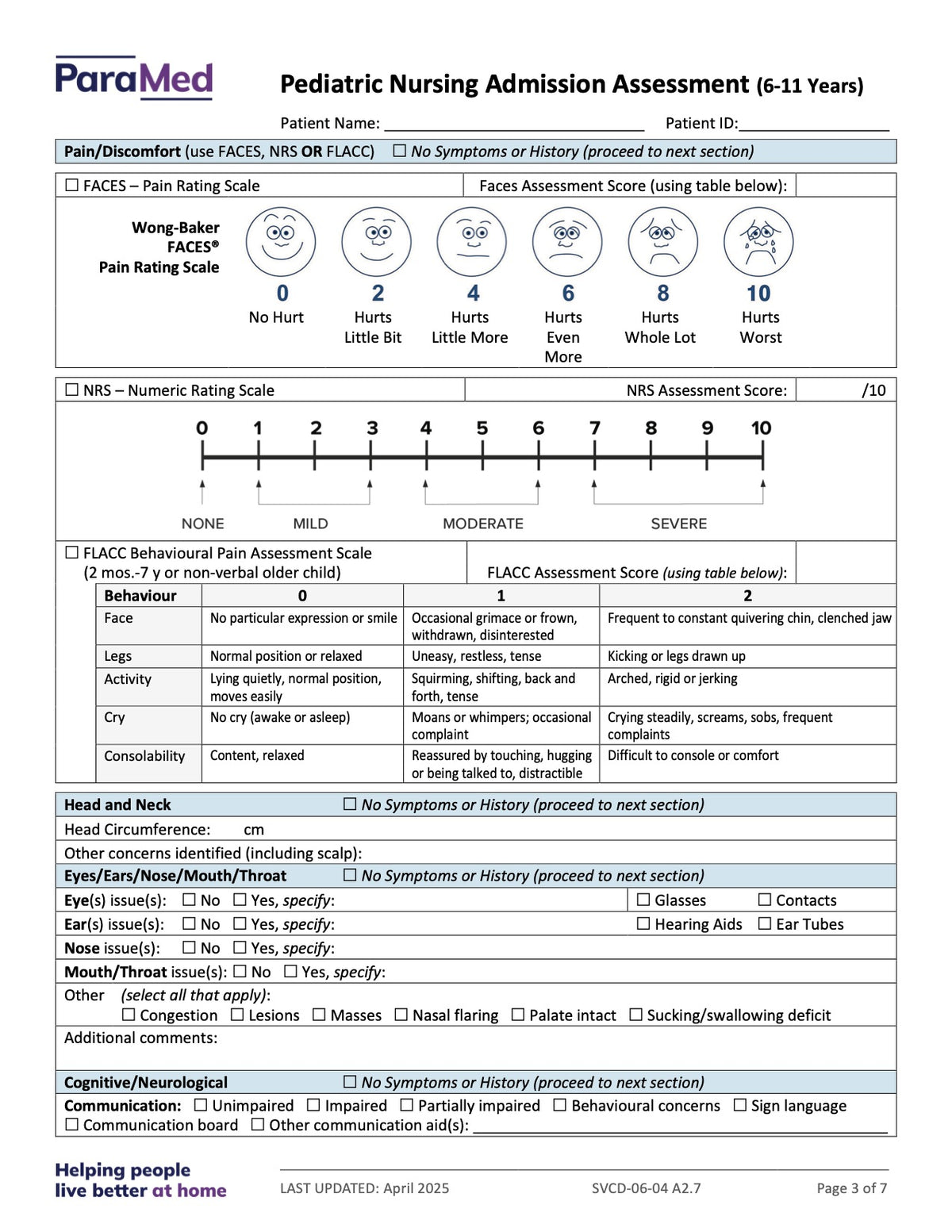 Pediatric Nursing Admission Assessment (6-11 Years) - page 3