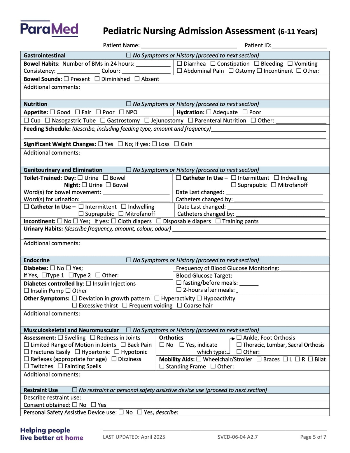 Pediatric Nursing Admission Assessment (6-11 Years) - page 5