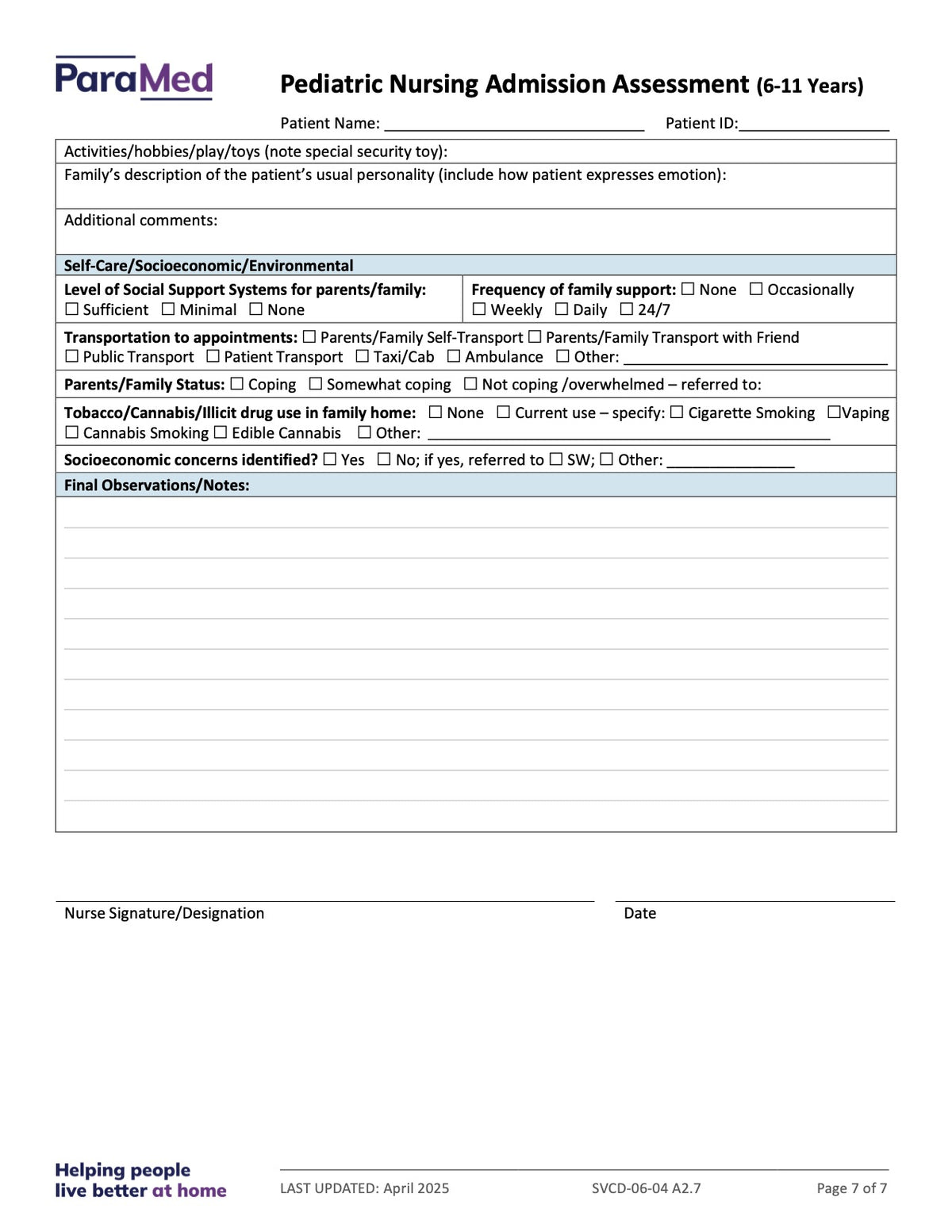 Pediatric Nursing Admission Assessment (6-11 Years) - page 7
