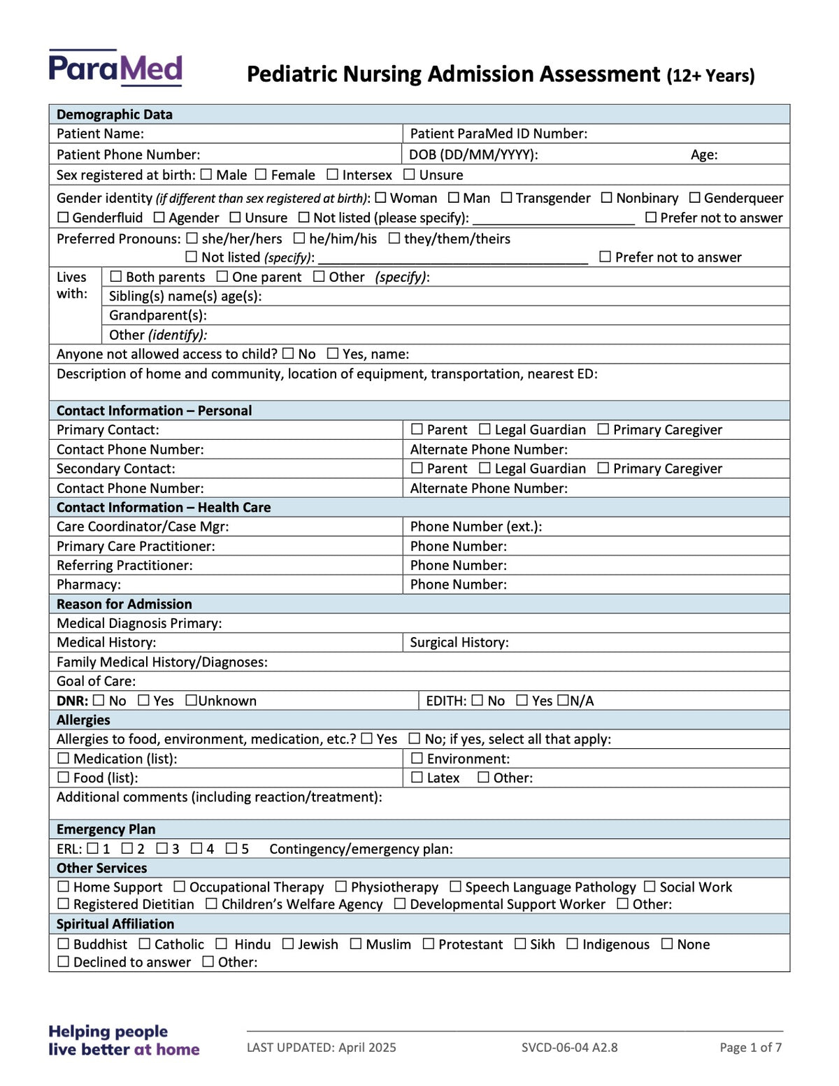 Pediatric Nursing Admission Assessment (12+ Years) - page 1