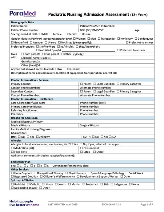 Pediatric Nursing Admission Assessment (12+ Years) - page 1