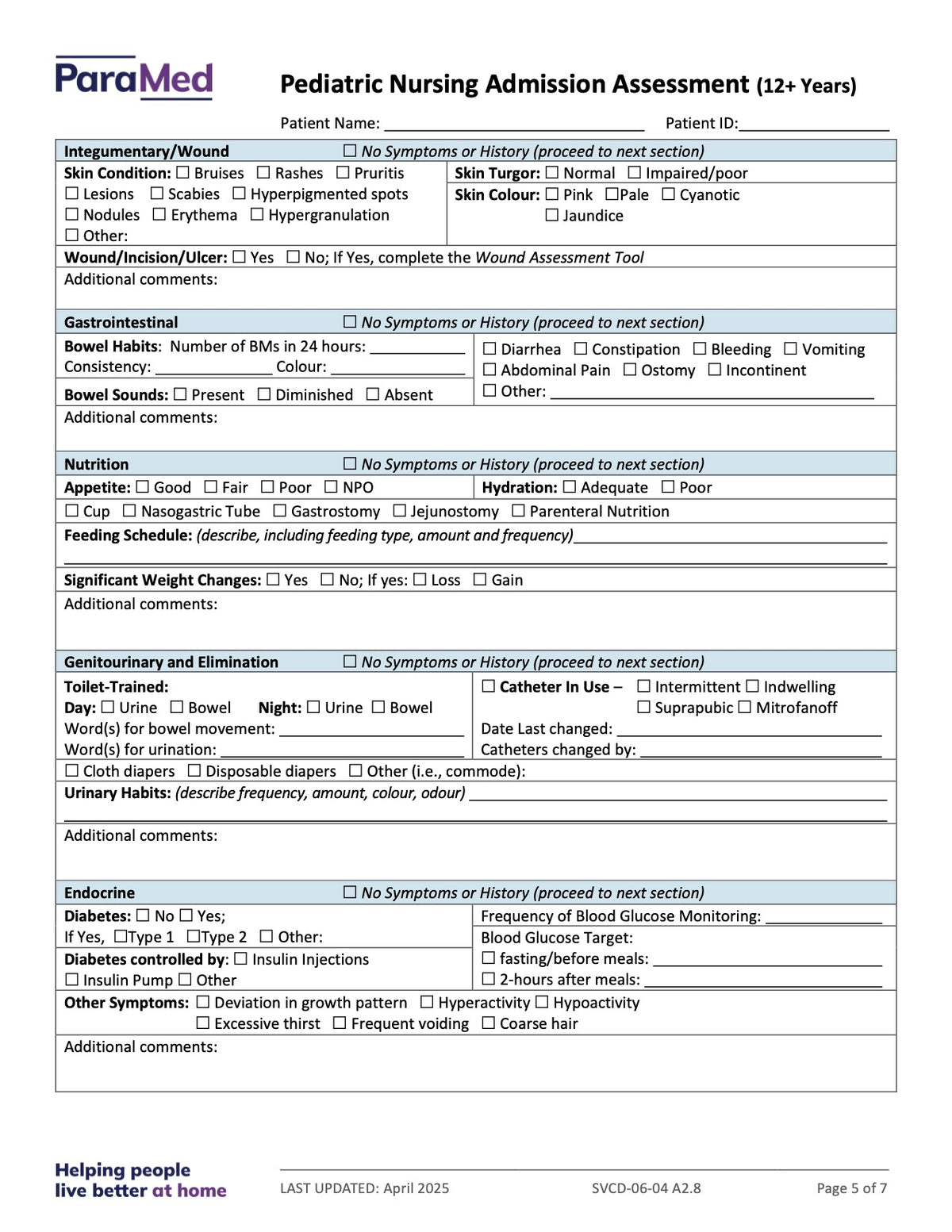 Pediatric Nursing Admission Assessment (12+ Years) - page 5