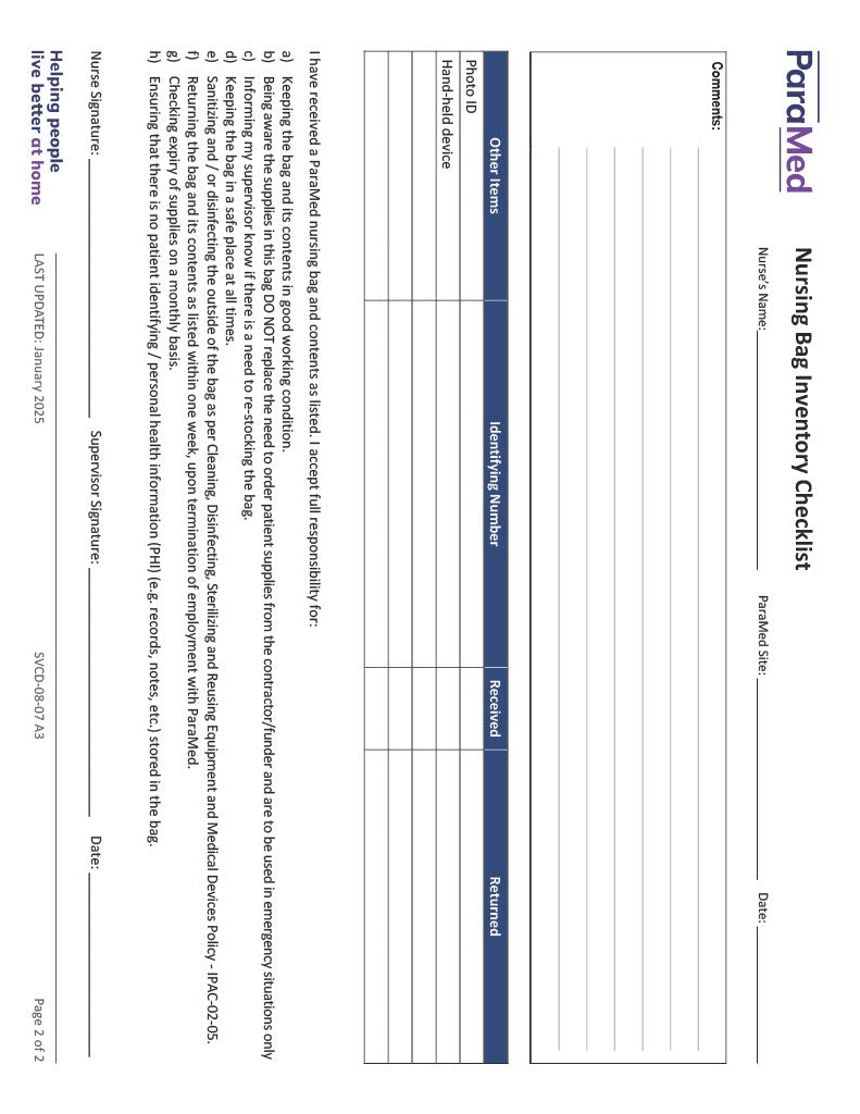 Nursing Bag Inventory Checklist