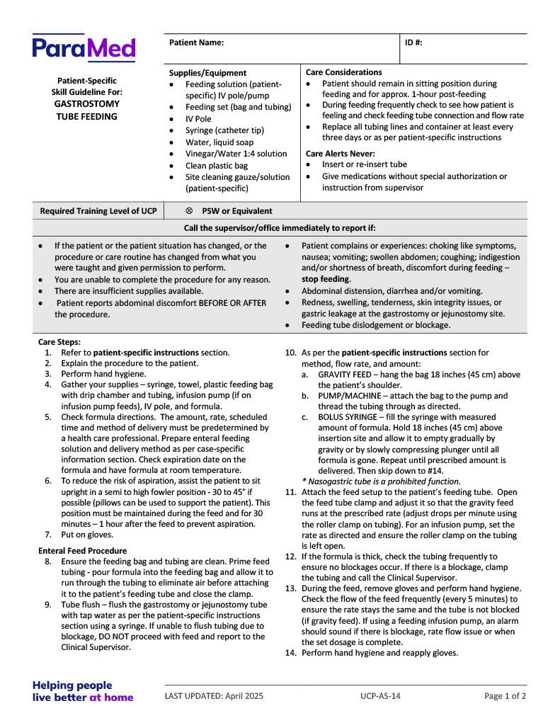 Gastrostomy Tube Feeding (Skill Guideline)