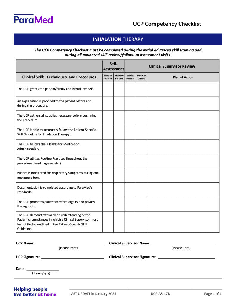 Inhalation Therapy (Competency Checklist) – Extendicare Print Shop