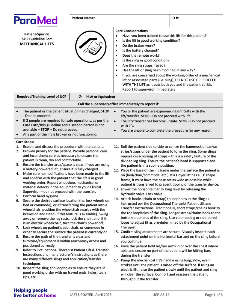 Mechanical Lifts (Skill Guideline)
