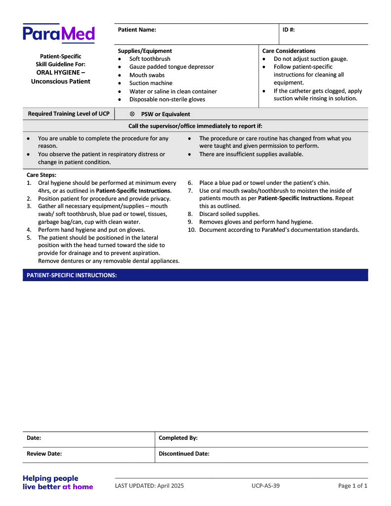 Oral Hygiene - Unconscious Patient (Skill Guideline)