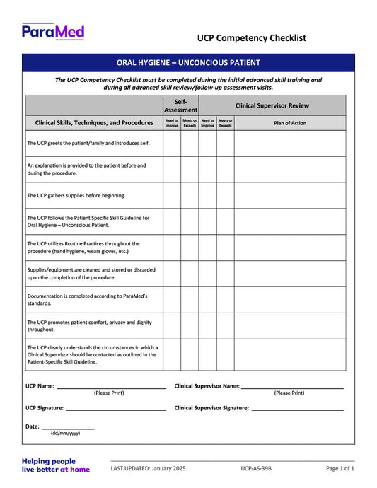 Oral Hygiene - Unconscious Patient (Competency Checklist)