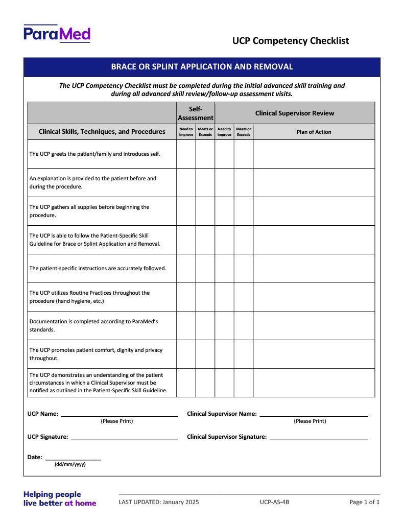 Brace or Splint Application and Removal (Competency Checklist ...