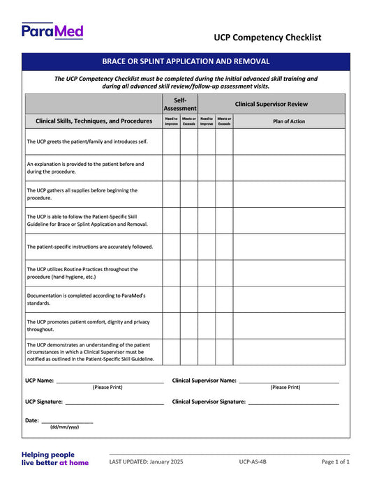 Brace or Splint Application and Removal (Competency Checklist)
